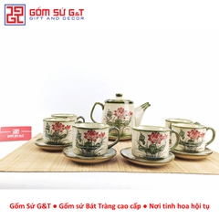 Bộ trà cafe tròn vẽ sen đỏ