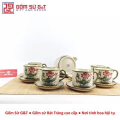 Bộ trà cafe tròn vẽ sen đỏ