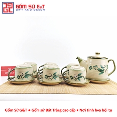Bộ trà cafe tròn vẽ đào xanh