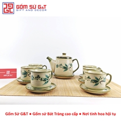 Bộ trà cafe tròn vẽ đào xanh