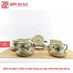 Bộ trà cafe tròn vẽ đào xanh