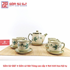 Bộ trà cafe tròn vẽ đào xanh