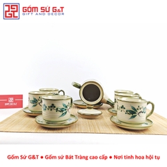 Bộ trà cafe tròn vẽ đào xanh