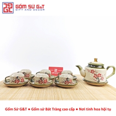 Bộ trà quai vuông vẽ đào đỏ