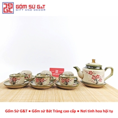 Bộ trà quai vuông vẽ đào đỏ