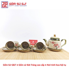 Bộ trà quai vuông vẽ đào đỏ
