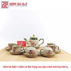 Bộ trà quai vuông vẽ đào đỏ