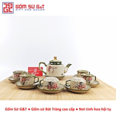 Bộ trà quai vuông vẽ đào đỏ