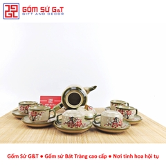 Bộ trà quai vuông vẽ đào đỏ