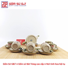 Bộ trà quai vuông vẽ đào đỏ