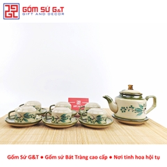 Bộ trà quai vuông vẽ đào xanh