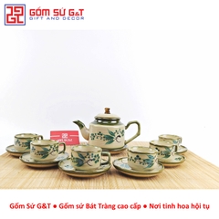Bộ trà quai vuông vẽ đào xanh