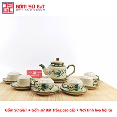 Bộ trà quai vuông vẽ đào xanh