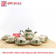 Bộ trà quai vuông vẽ đào xanh
