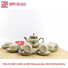 Bộ trà quai vuông vẽ đào xanh
