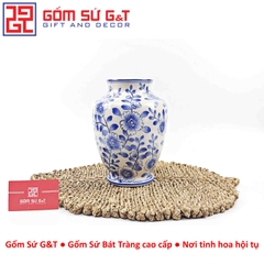 Lọ hoa dáng phích vai vuông men lam vẽ hoa cành H25