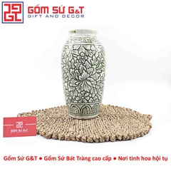 Lọ hoa dáng phích xanh khắc ngàn hoa H28