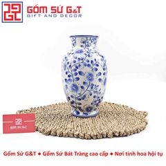 Lọ hoa dáng phích cổ cao men lam vẽ hoa cành H28