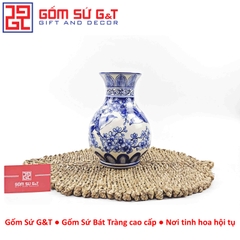 Lọ hoa dáng tỏi men lam vẽ chim đào H24
