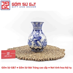 Lọ hoa dáng tỏi men lam vẽ chim đào H24