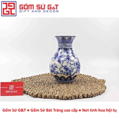 Lọ hoa dáng tỏi men lam vẽ chim đào H24