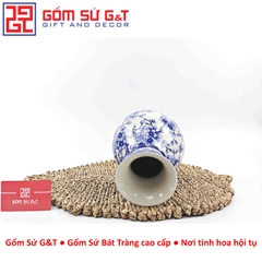 Lọ hoa dáng tỏi men lam vẽ chim đào H24