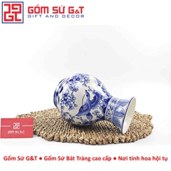 Lọ hoa dáng tỏi men lam vẽ chim đào H24
