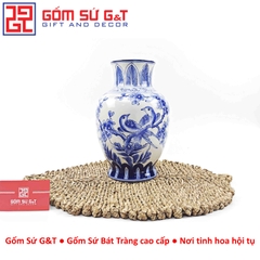 Lọ hoa dáng vò men lam vẽ chim đào H28
