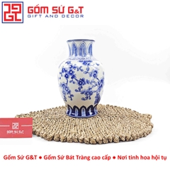 Lọ hoa dáng vò men lam vẽ chim đào H28