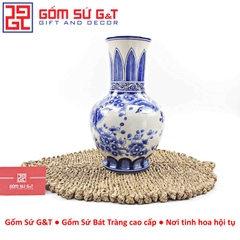 Lọ hoa dáng tỏi chân cao men lam vẽ chim đào H32