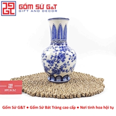 Lọ hoa dáng tỏi chân cao men lam vẽ chim đào H32