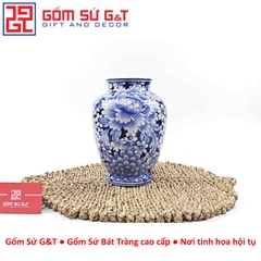 Lọ hoa dáng phích men lam vẽ ngàn hoa H25