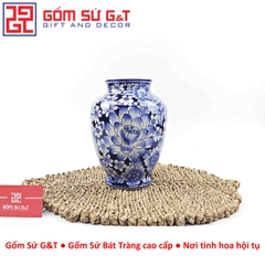 Lọ hoa dáng phích men lam vẽ ngàn hoa H25