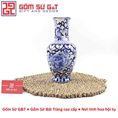 Lọ hoa dáng tỏi chân cao men lam vẽ thổ cẩm H32