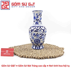 Lọ hoa dáng tỏi chân cao men lam vẽ thổ cẩm H32