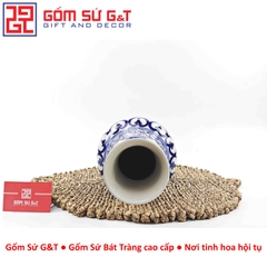 Lọ hoa dáng tỏi chân cao men lam vẽ thổ cẩm H32