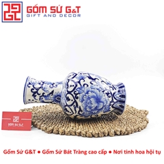 Lọ hoa dáng tỏi chân cao men lam vẽ thổ cẩm H32