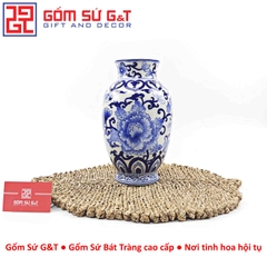 Lọ hoa dáng phích vai vuông men lam vẽ thổ cẩm H28