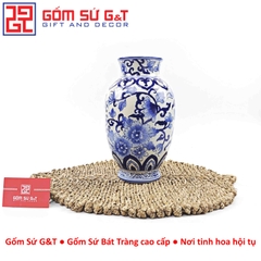 Lọ hoa dáng phích vai vuông men lam vẽ thổ cẩm H28