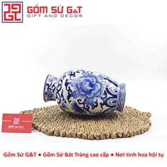 Lọ hoa dáng phích vai vuông men lam vẽ thổ cẩm H28