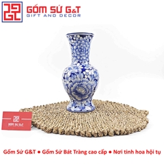 Lọ hoa dáng tỏi chân cao men lam vẽ ngàn hoa H30