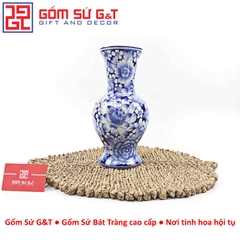 Lọ hoa dáng tỏi chân cao men lam vẽ ngàn hoa H30