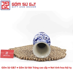 Lọ hoa dáng tỏi chân cao men lam vẽ ngàn hoa H30