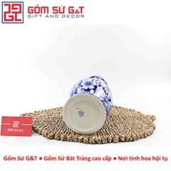 Lọ hoa dáng tỏi chân cao men lam vẽ ngàn hoa H30