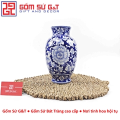 Lọ hoa dáng phích cổ cao men lam vẽ hoa dây H28