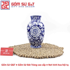Lọ hoa dáng phích cổ cao men lam vẽ hoa dây H28