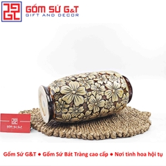 Lọ hoa dáng phích nâu  khắc ngàn hoa H25