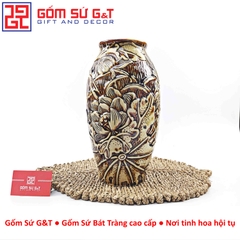 Lọ hoa dáng phích nâu khắc sen H32