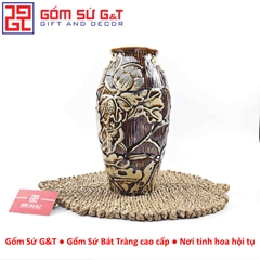 Lọ hoa dáng phích nâu khắc sen H32