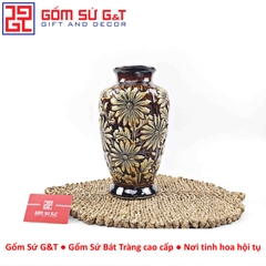 Lọ hoa dáng phích nâu khắc hoa cúc H30